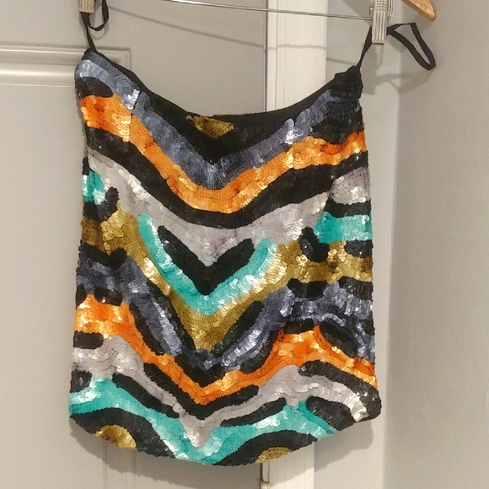 Cache Sequin Skirt with Black, Gold, Turquoise, Silver An Brown. Size 4